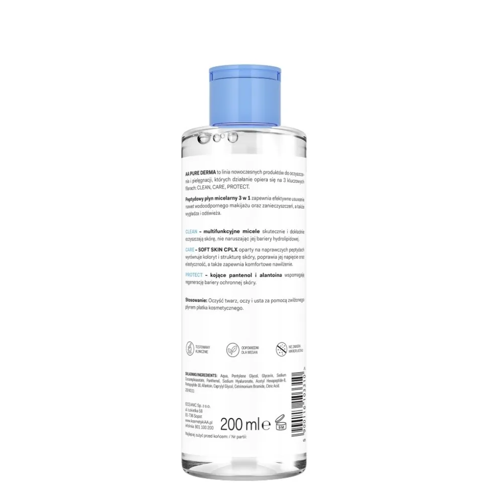 AA Pure Derma, peptydowy płyn micelarny 3w1, 200 ml