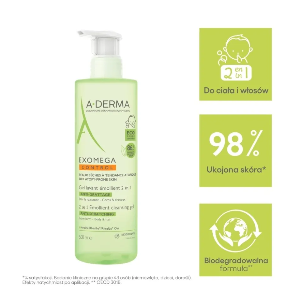 Aderma Exomega Control, żel emolient do mycia 2w1, 500 ml
