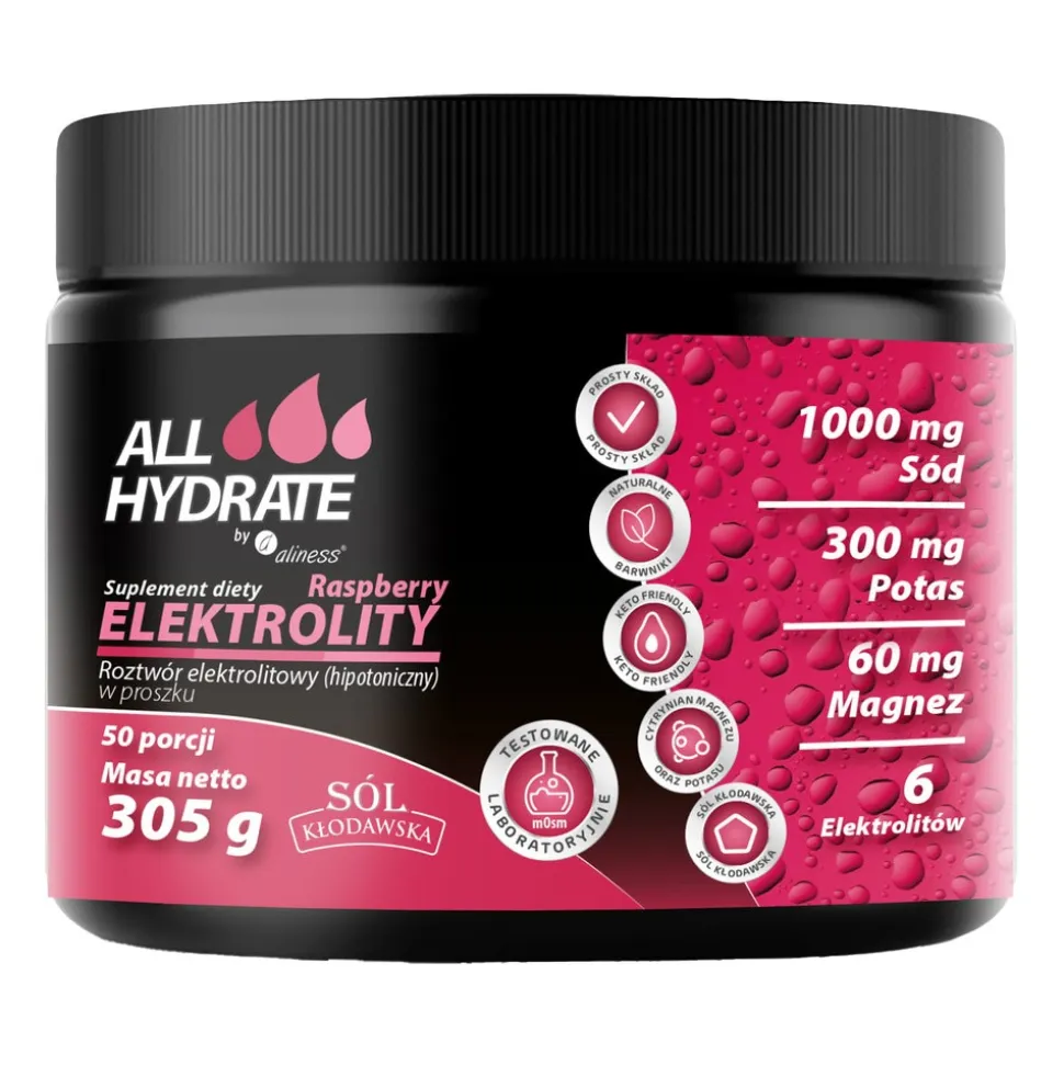 ALLHydrate Elektrolity Raspberry, proszek, smak malinowy, 305 g
