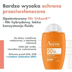 Avene Ultra Fluid SPF50, wysoka ochrona przeciwsłoneczna niewidoczna na skórze, 50 ml