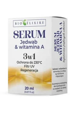 Bioelixire, serum silikonowe do włosów, Jedwab + Witamina A + koenzym Q10 + Filtr UV, 20 ml