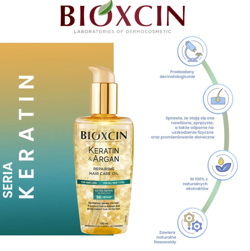 Bioxcin Keratin & Argan, olejek regenerujący do włosów, 150 ml