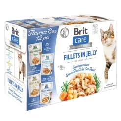 Brit Care Cat Fillets in Jelly Flavour Box, zestaw mokrych karm pełnoporcjowych dla dorosłych kotów, mix smaków, 85 g x 12 szt.