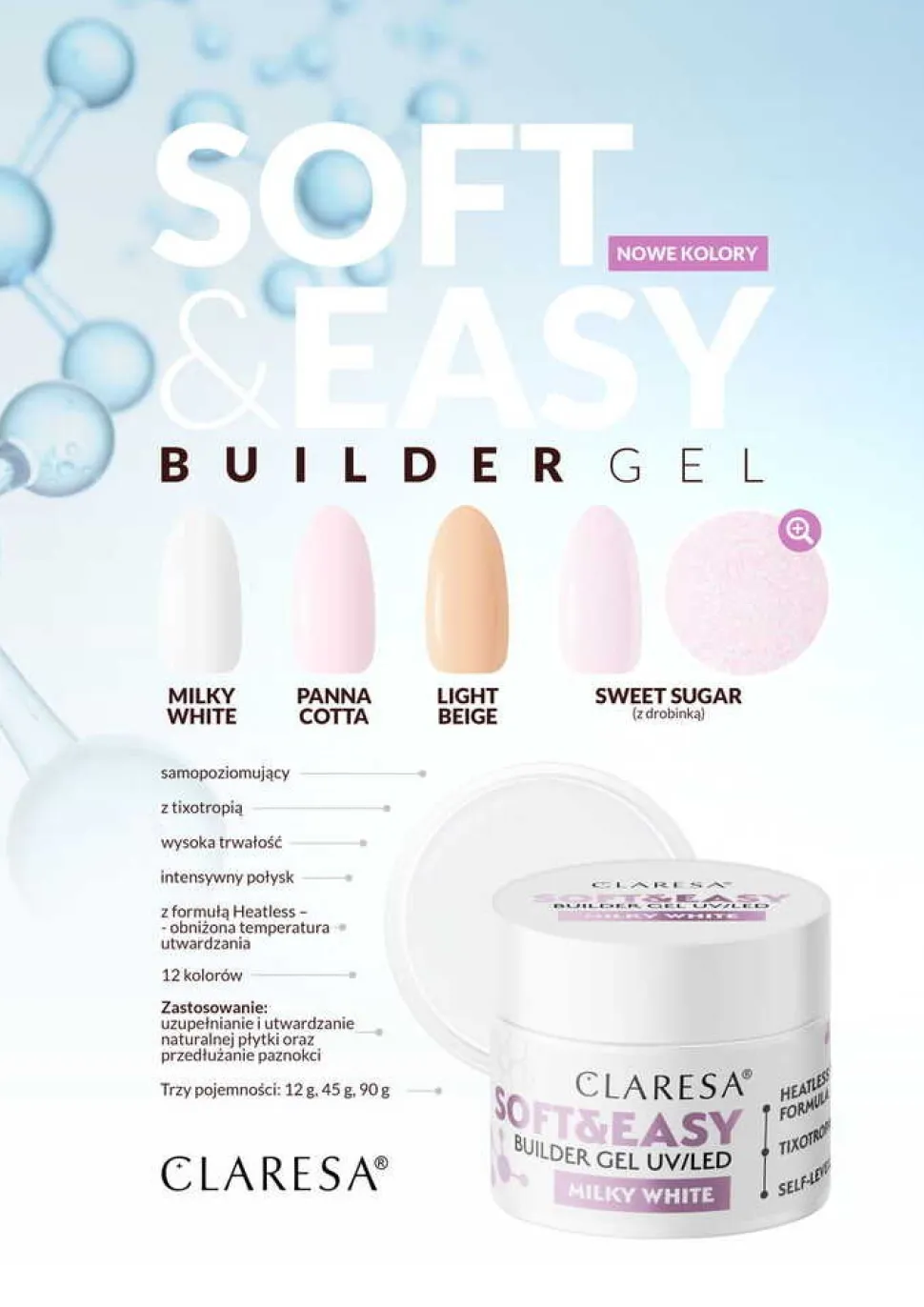 Claresa Soft&Easy Builder Gel, żel budujący do paznokci, Milky White, 12 g