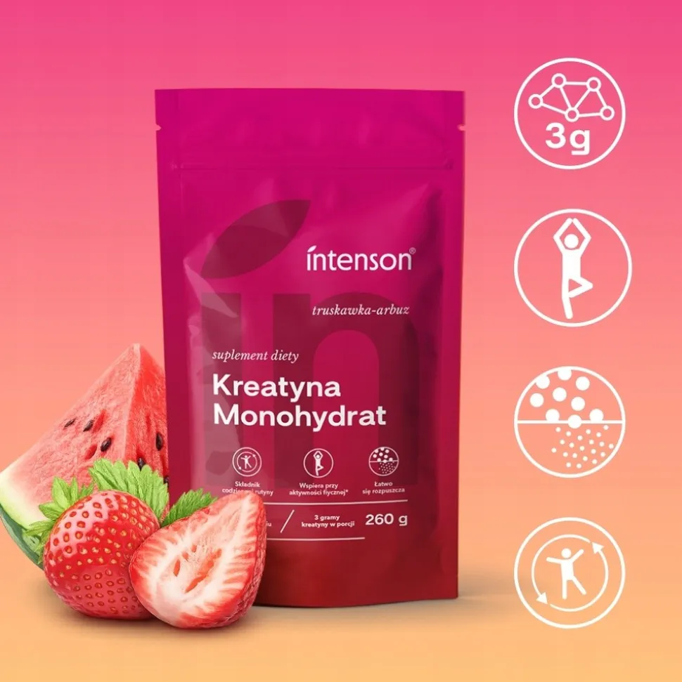 Intenson Kreatyna Monohydrat, smak: truskawka-arbuz, proszek, 260 g