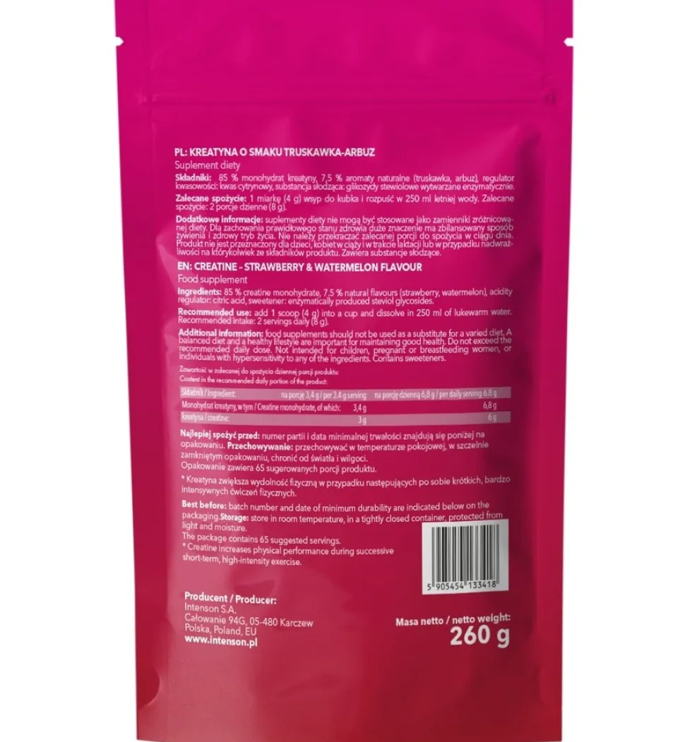 Intenson Kreatyna Monohydrat, smak: truskawka-arbuz, proszek, 260 g