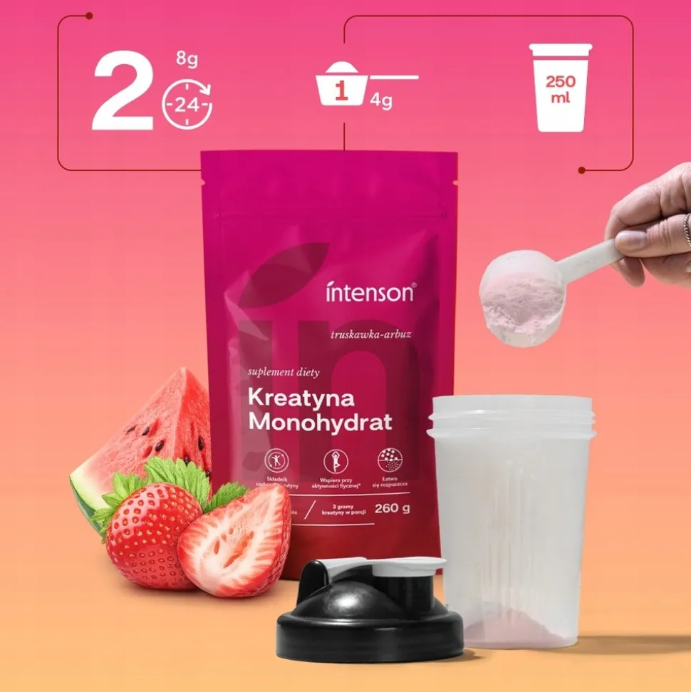 Intenson Kreatyna Monohydrat, smak: truskawka-arbuz, proszek, 260 g