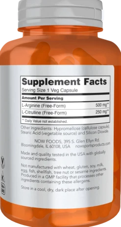 Now Sports Arginine & Citrulline 500mg/250mg, kapsułki, 120 szt.