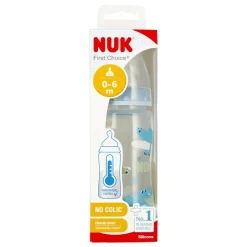 NUK First Choice, butelka 300 ml ze wskaźnikiem temperatury, 0 - 6 m., krokodyle, 1 szt.