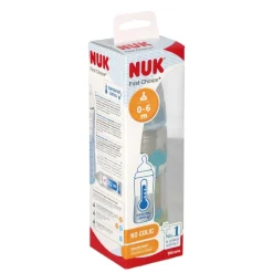 NUK First Choice, butelka 300 ml ze wskaźnikiem temperatury, 0 - 6 m., krokodyle, 1 szt.