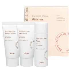 OTTIE Blemish Clean Miniature Set, zestaw pielęgnacyjny do skóry trądzikowej z tonerem, kremem-żelem i pianką, 3 x 30 ml