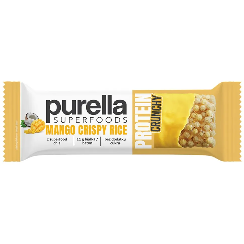 Purella Superfoods, Mango Crispy Rice, baton proteinowy, 45 g