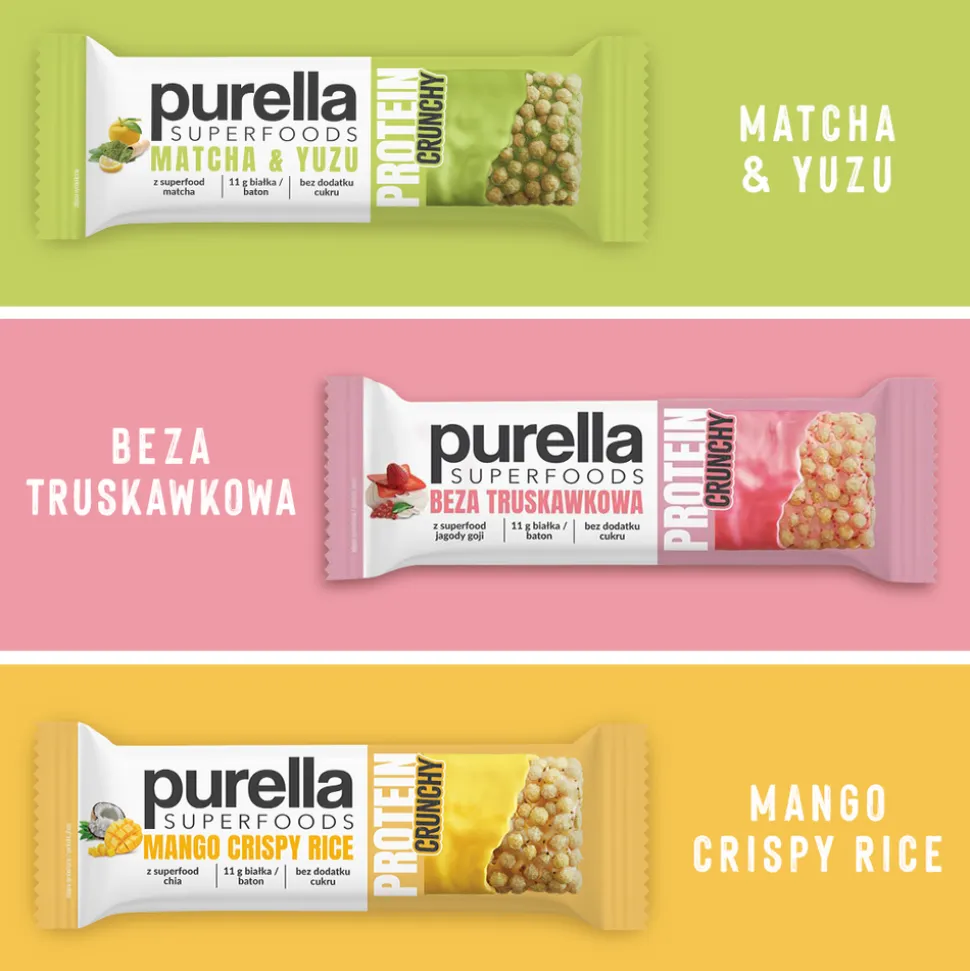 Purella Superfoods, Mango Crispy Rice, baton proteinowy, 45 g