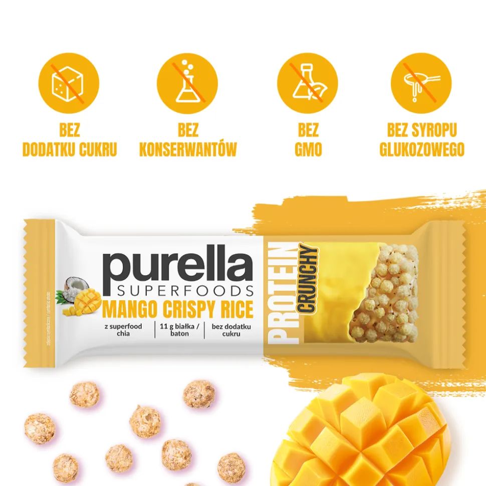 Purella Superfoods, Mango Crispy Rice, baton proteinowy, 45 g