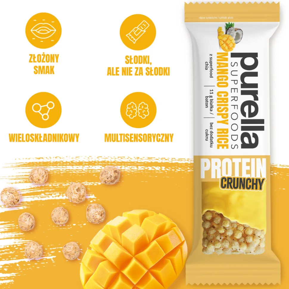 Purella Superfoods, Mango Crispy Rice, baton proteinowy, 45 g