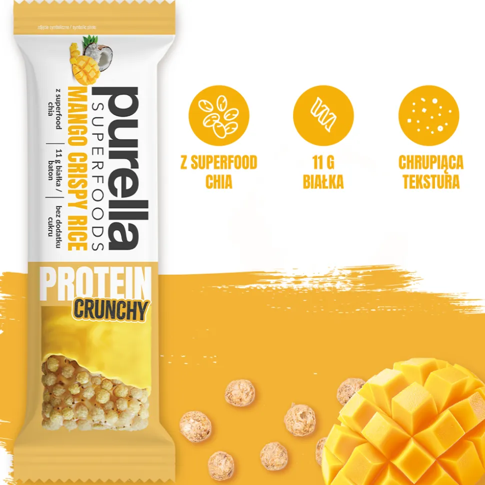 Purella Superfoods, Mango Crispy Rice, baton proteinowy, 45 g