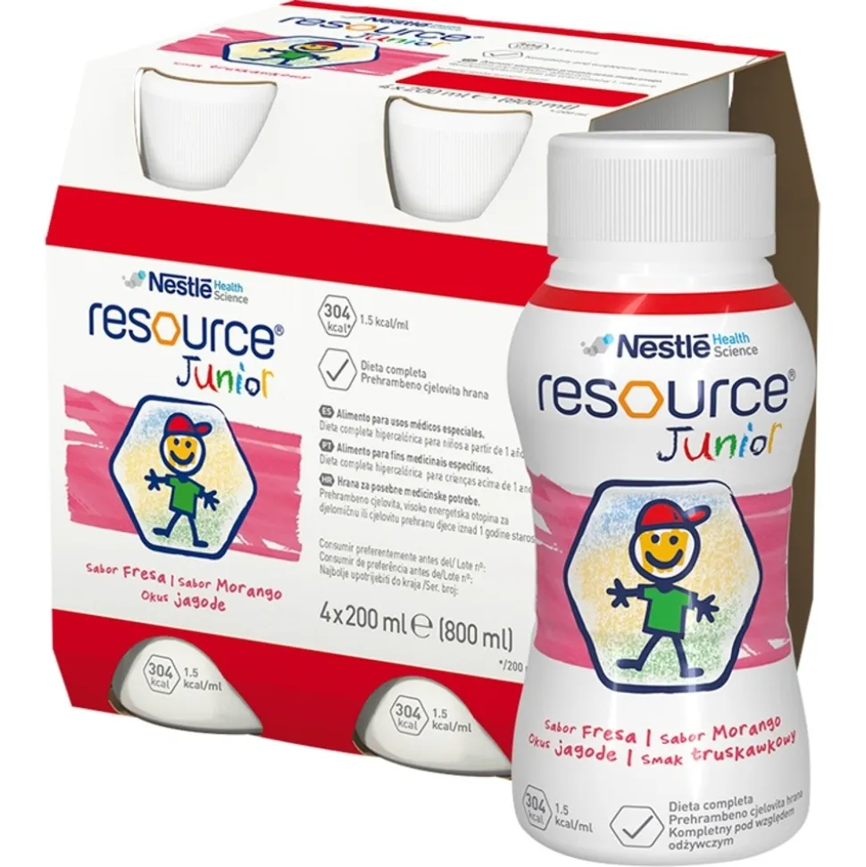 Resource Junior, płyn o smaku truskawkowym, 4 x 200 ml