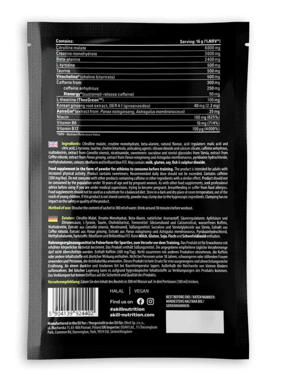 Skill Nutrition Pre-Workout, proszek, smak green apple, 16 g