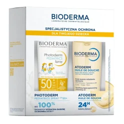 Zestaw Bioderma, Photoderm Pediatrics, ochronny spray dla dzieci SPF 50+, 200 ml + Atoderm Huile de douche, olejek do kąpieli i pod prysznic do ciała i twarzy, 200 ml